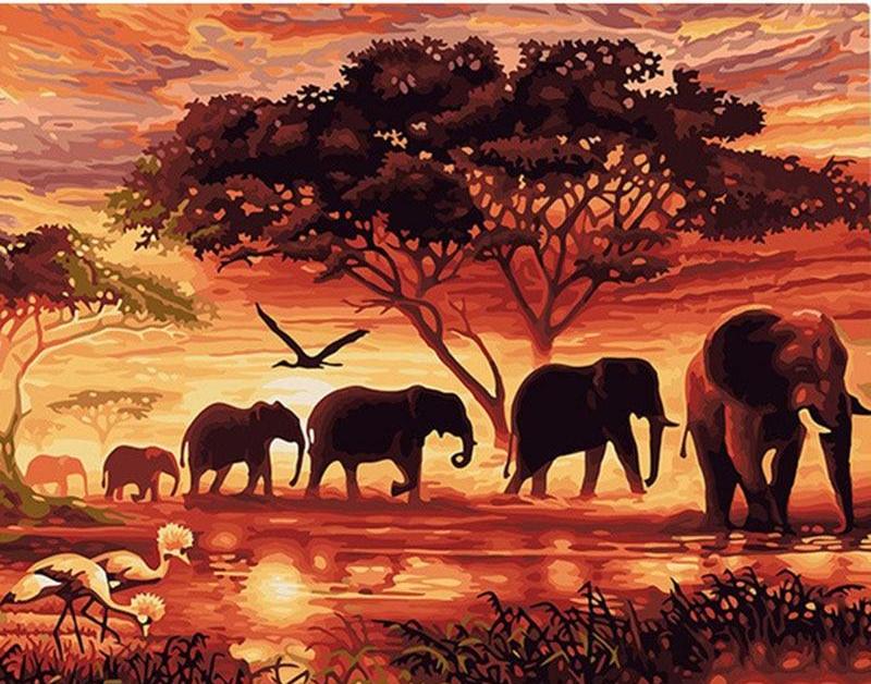 Elephants Landscape DIY Painting By Numbers